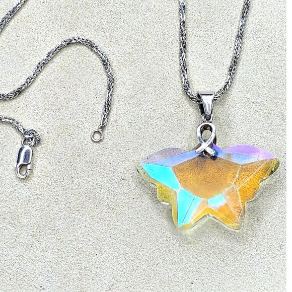 Dazzling 925 Sterling Silver Butterfly Crystal Aurora Borealis Necklace - Picture 13 of 14